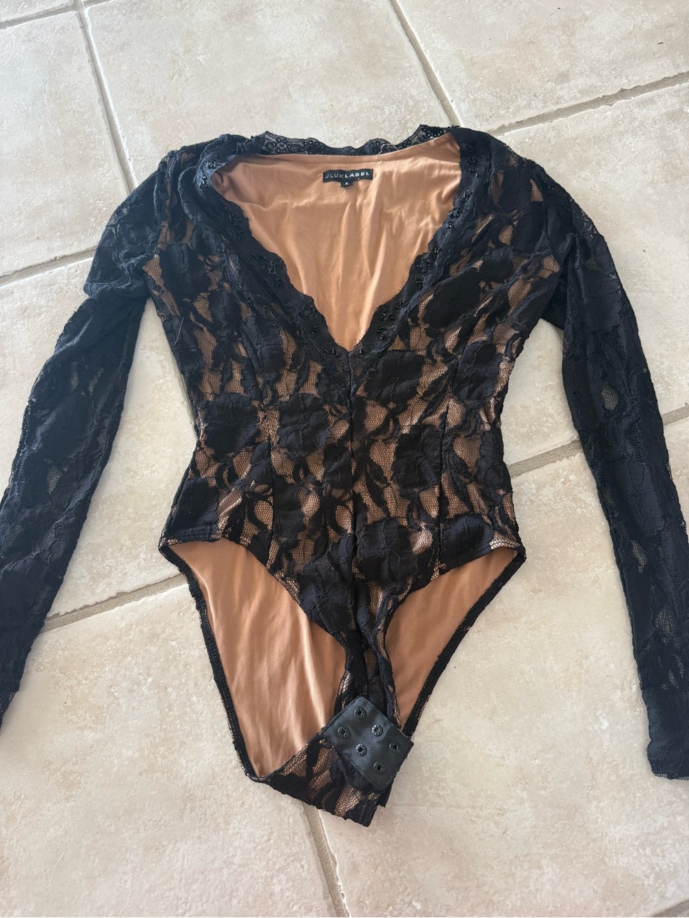 JLUXLABLE Black Lace Long-Sleeve Bodysuit with Nude Lining